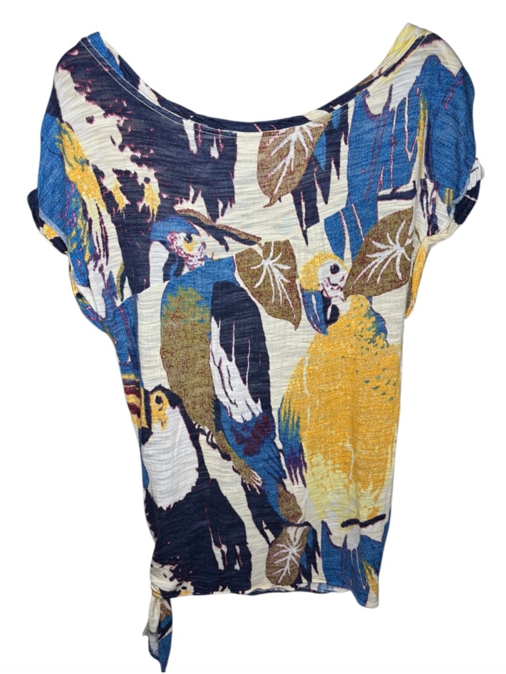 Deletta Tropical Parrot Print Top | Blue Yellow Rayon | Side Tie Blouse | Size L - Picture 6 of 6